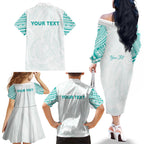 Personalised New Zealand Aotearoa Family Matching Off The Shoulder Long Sleeve Dress and Hawaiian Shirt Nurse Tribal Teal Version