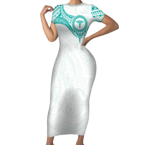 Personalised New Zealand Aotearoa Family Matching Short Sleeve Bodycon Dress and Hawaiian Shirt Nurse Tribal Teal Version