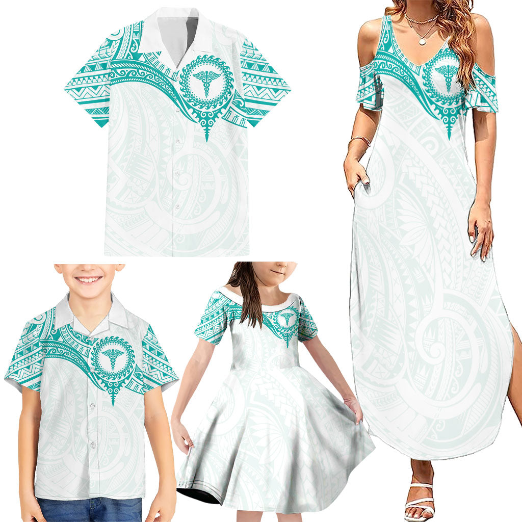 Personalised New Zealand Aotearoa Family Matching Summer Maxi Dress and Hawaiian Shirt Nurse Tribal Teal Version