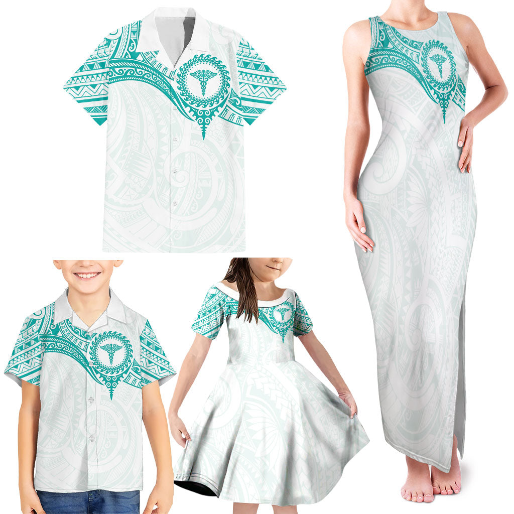 Personalised New Zealand Aotearoa Family Matching Tank Maxi Dress and Hawaiian Shirt Nurse Tribal Teal Version