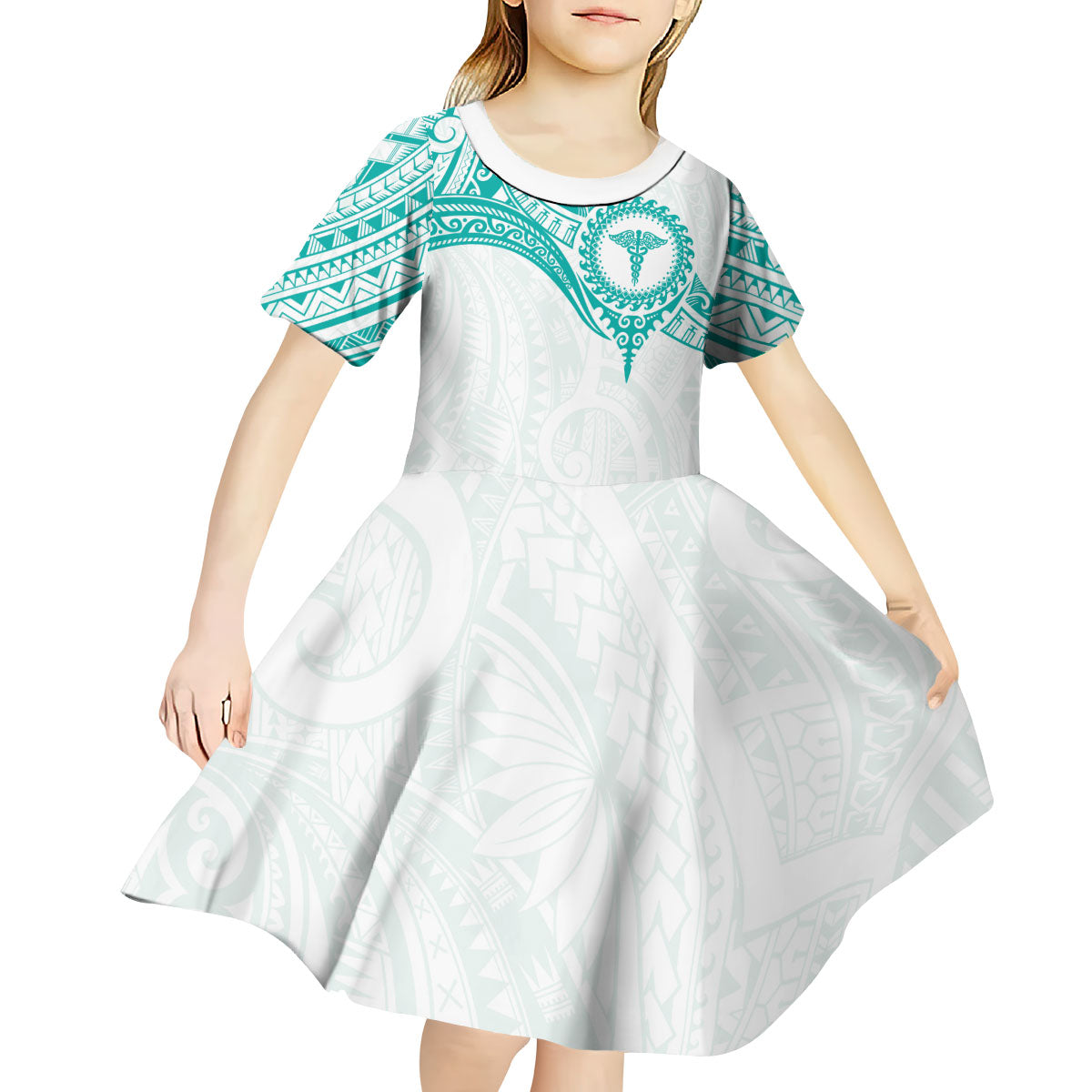 Personalised New Zealand Aotearoa Kid Short Sleeve Dress Nurse Tribal Teal Version
