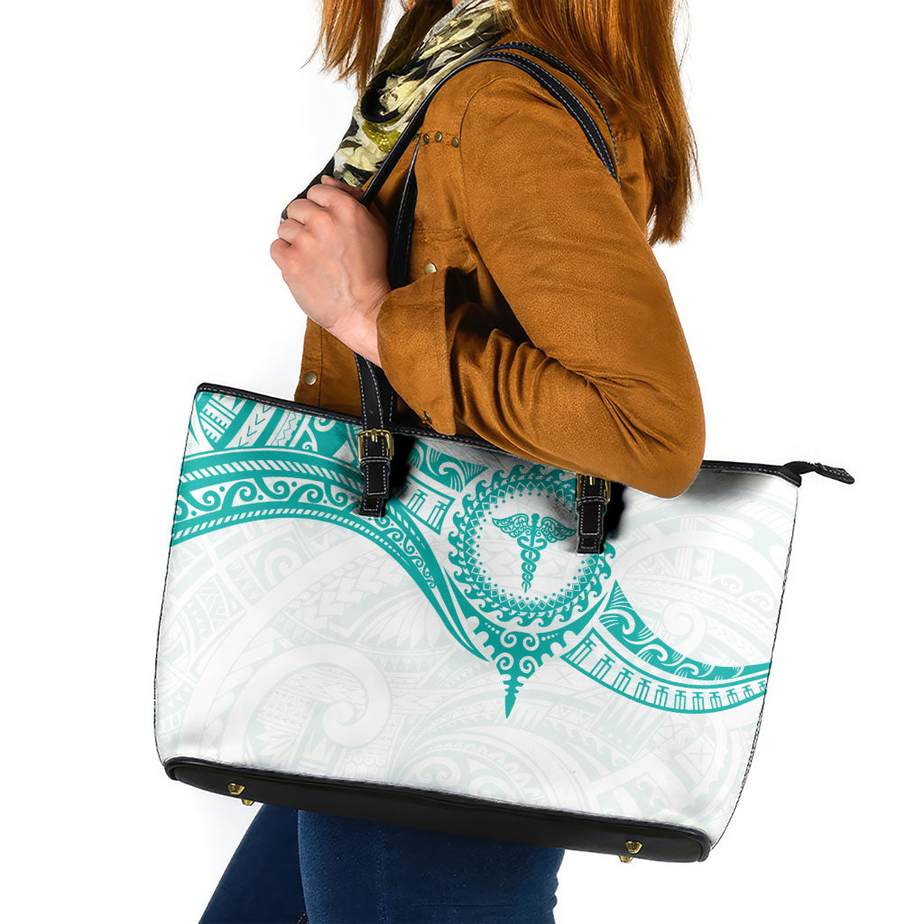 New Zealand Aotearoa Leather Tote Bag Nurse Tribal Teal Version