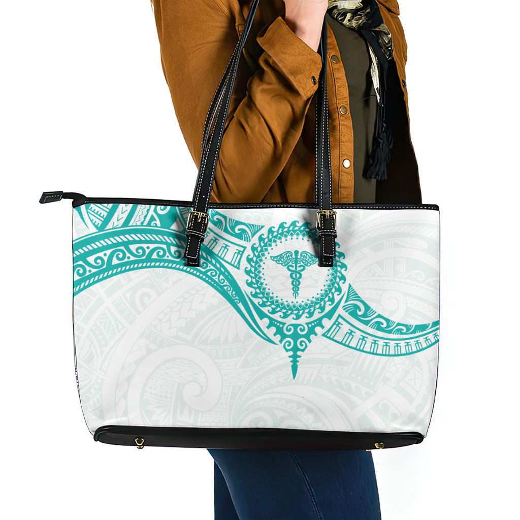 New Zealand Aotearoa Leather Tote Bag Nurse Tribal Teal Version