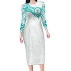 Personalised New Zealand Aotearoa Long Sleeve Bodycon Dress Nurse Tribal Teal Version
