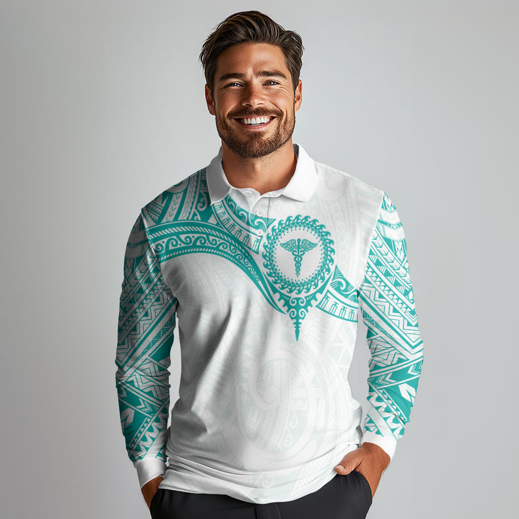 Personalised New Zealand Aotearoa Long Sleeve Polo Shirt Nurse Tribal Teal Version