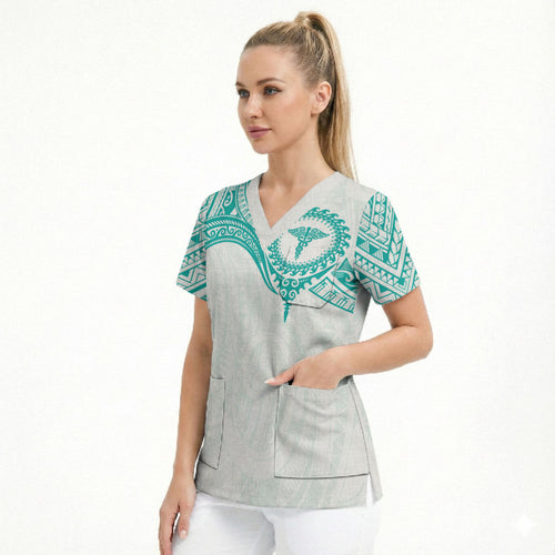 Personalised New Zealand Aotearoa Scrub Top Nurse Tribal Teal Version