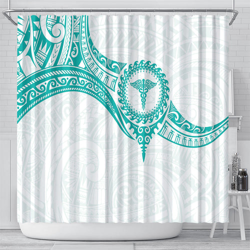 New Zealand Aotearoa Shower Curtain Nurse Tribal Teal Version