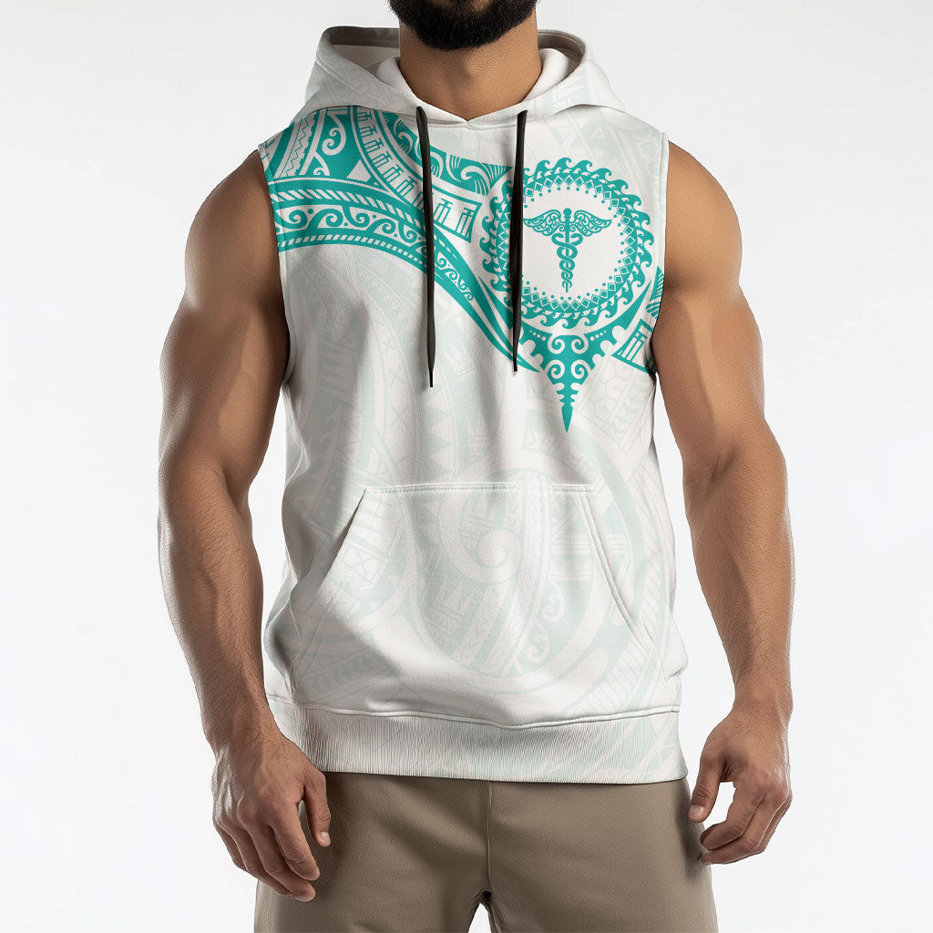 Personalised New Zealand Aotearoa Sleeveless Hoodie Nurse Tribal Teal Version