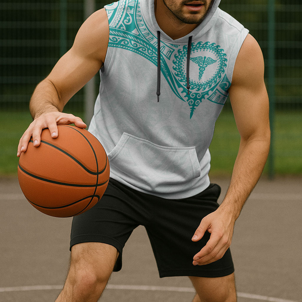 Personalised New Zealand Aotearoa Sleeveless Hoodie Nurse Tribal Teal Version