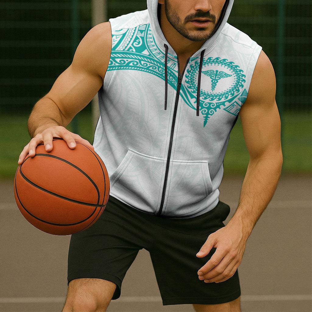 Personalised New Zealand Aotearoa Sleeveless Zip Hoodie Nurse Tribal Teal Version