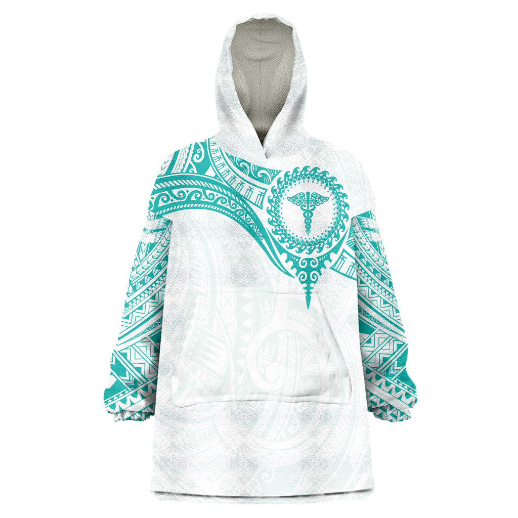 Personalised New Zealand Aotearoa Wearable Blanket Hoodie Nurse Tribal Teal Version