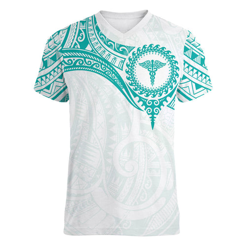 Personalised New Zealand Aotearoa Women V-Neck T-Shirt Nurse Tribal Teal Version