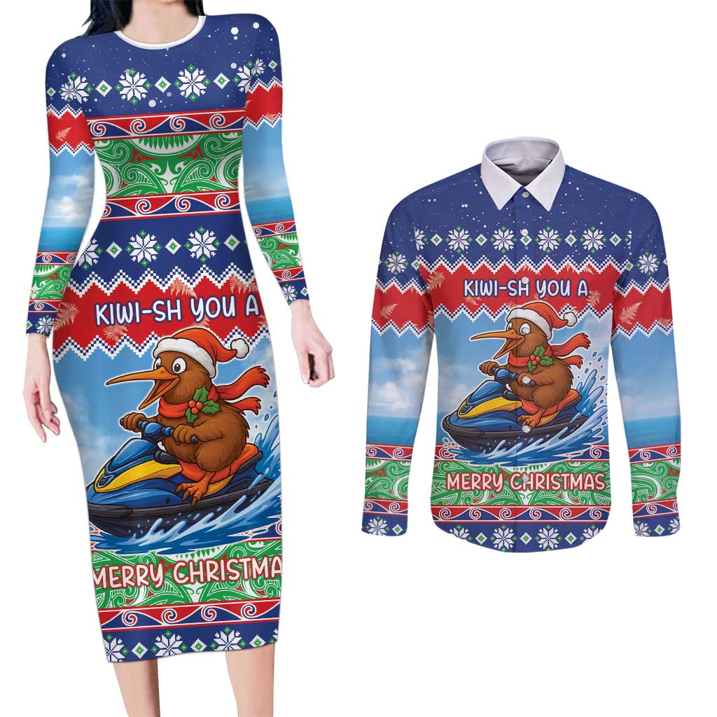 New Zealand Christmas Couples Matching Long Sleeve Bodycon Dress and Long Sleeve Button Shirt Funny Jet Ride Kiwi Xmas - Aussie Hoodie