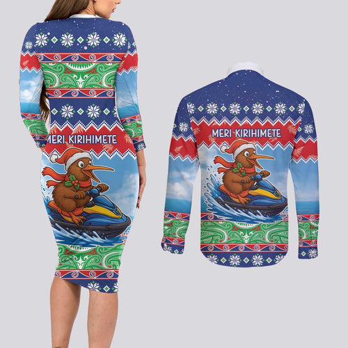 New Zealand Christmas Couples Matching Long Sleeve Bodycon Dress and Long Sleeve Button Shirt Funny Jet Ride Kiwi Xmas - Aussie Hoodie