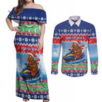 New Zealand Christmas Couples Matching Off Shoulder Maxi Dress and Long Sleeve Button Shirt Funny Jet Ride Kiwi Xmas - Aussie Hoodie