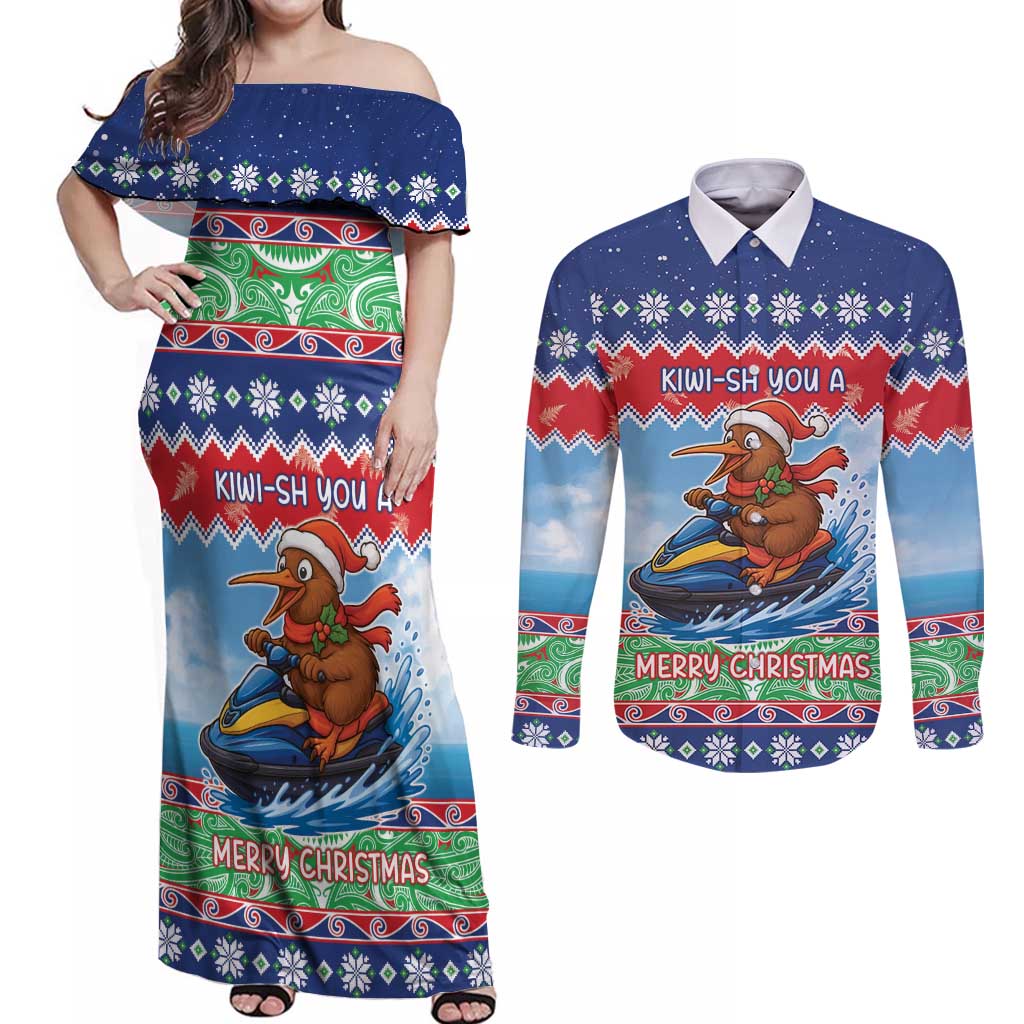New Zealand Christmas Couples Matching Off Shoulder Maxi Dress and Long Sleeve Button Shirt Funny Jet Ride Kiwi Xmas - Aussie Hoodie