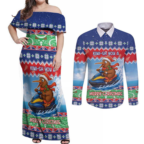 New Zealand Christmas Couples Matching Off Shoulder Maxi Dress and Long Sleeve Button Shirt Funny Jet Ride Kiwi Xmas - Aussie Hoodie