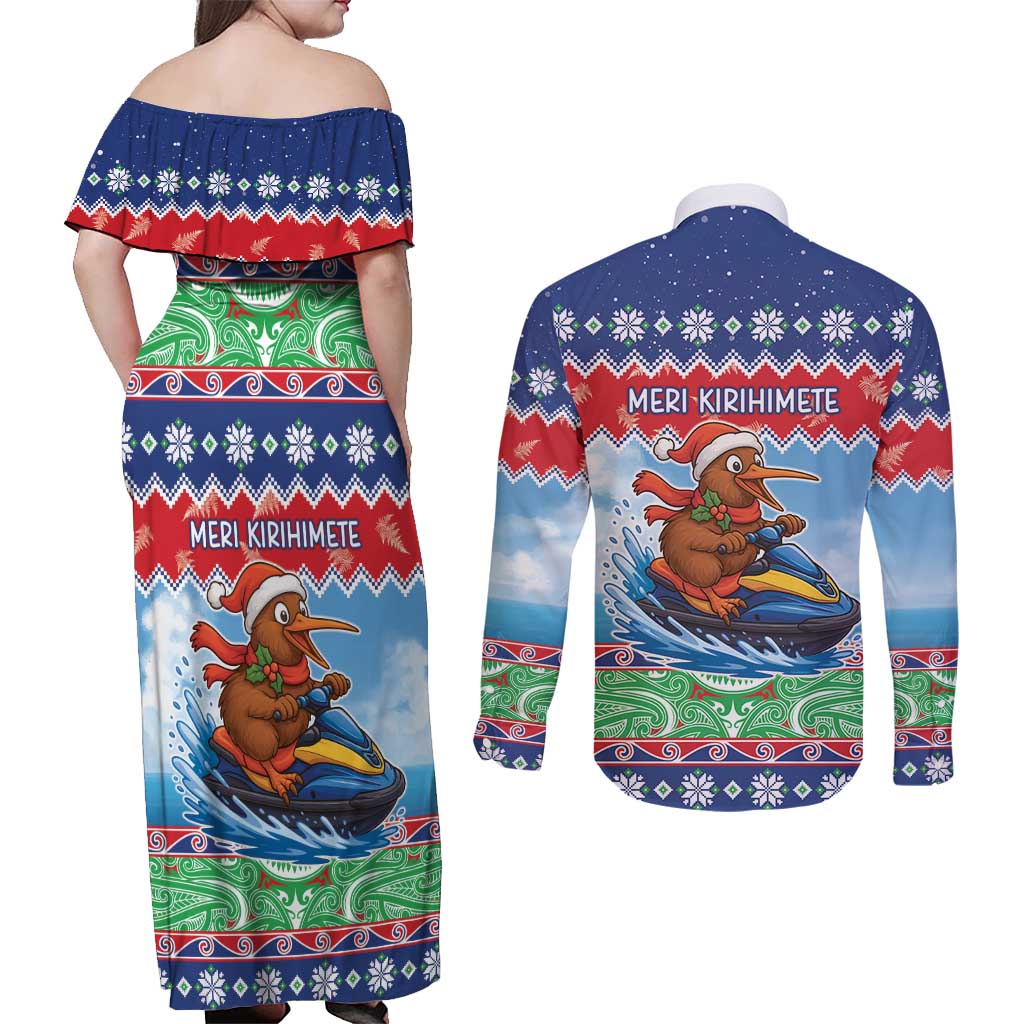 New Zealand Christmas Couples Matching Off Shoulder Maxi Dress and Long Sleeve Button Shirt Funny Jet Ride Kiwi Xmas - Aussie Hoodie