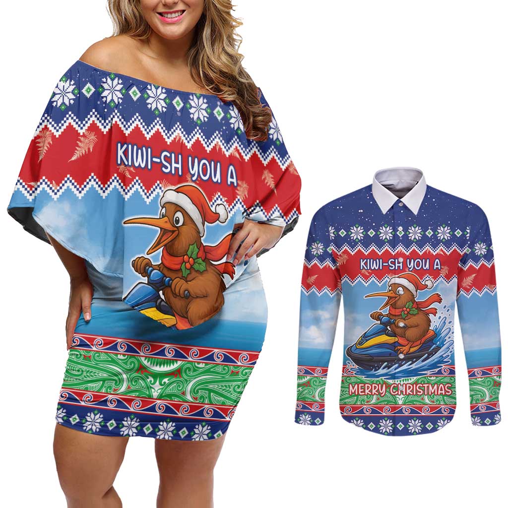 New Zealand Christmas Couples Matching Off Shoulder Short Dress and Long Sleeve Button Shirt Funny Jet Ride Kiwi Xmas - Aussie Hoodie