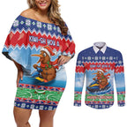 New Zealand Christmas Couples Matching Off Shoulder Short Dress and Long Sleeve Button Shirt Funny Jet Ride Kiwi Xmas - Aussie Hoodie