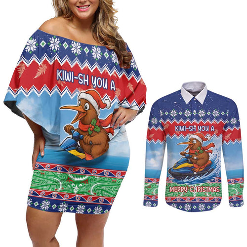 New Zealand Christmas Couples Matching Off Shoulder Short Dress and Long Sleeve Button Shirt Funny Jet Ride Kiwi Xmas - Aussie Hoodie