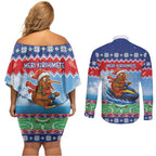 New Zealand Christmas Couples Matching Off Shoulder Short Dress and Long Sleeve Button Shirt Funny Jet Ride Kiwi Xmas - Aussie Hoodie
