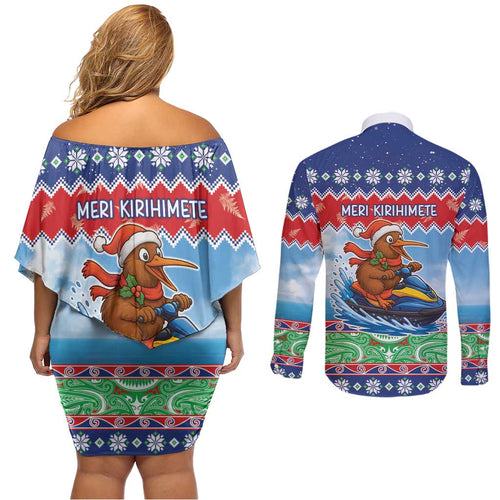 New Zealand Christmas Couples Matching Off Shoulder Short Dress and Long Sleeve Button Shirt Funny Jet Ride Kiwi Xmas - Aussie Hoodie
