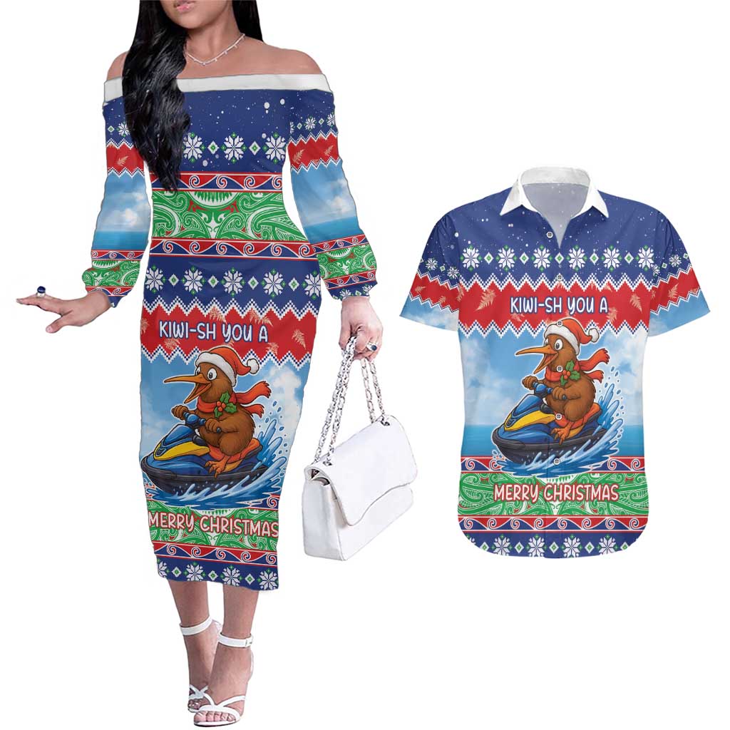 New Zealand Christmas Couples Matching Off The Shoulder Long Sleeve Dress and Hawaiian Shirt Funny Jet Ride Kiwi Xmas - Aussie Hoodie