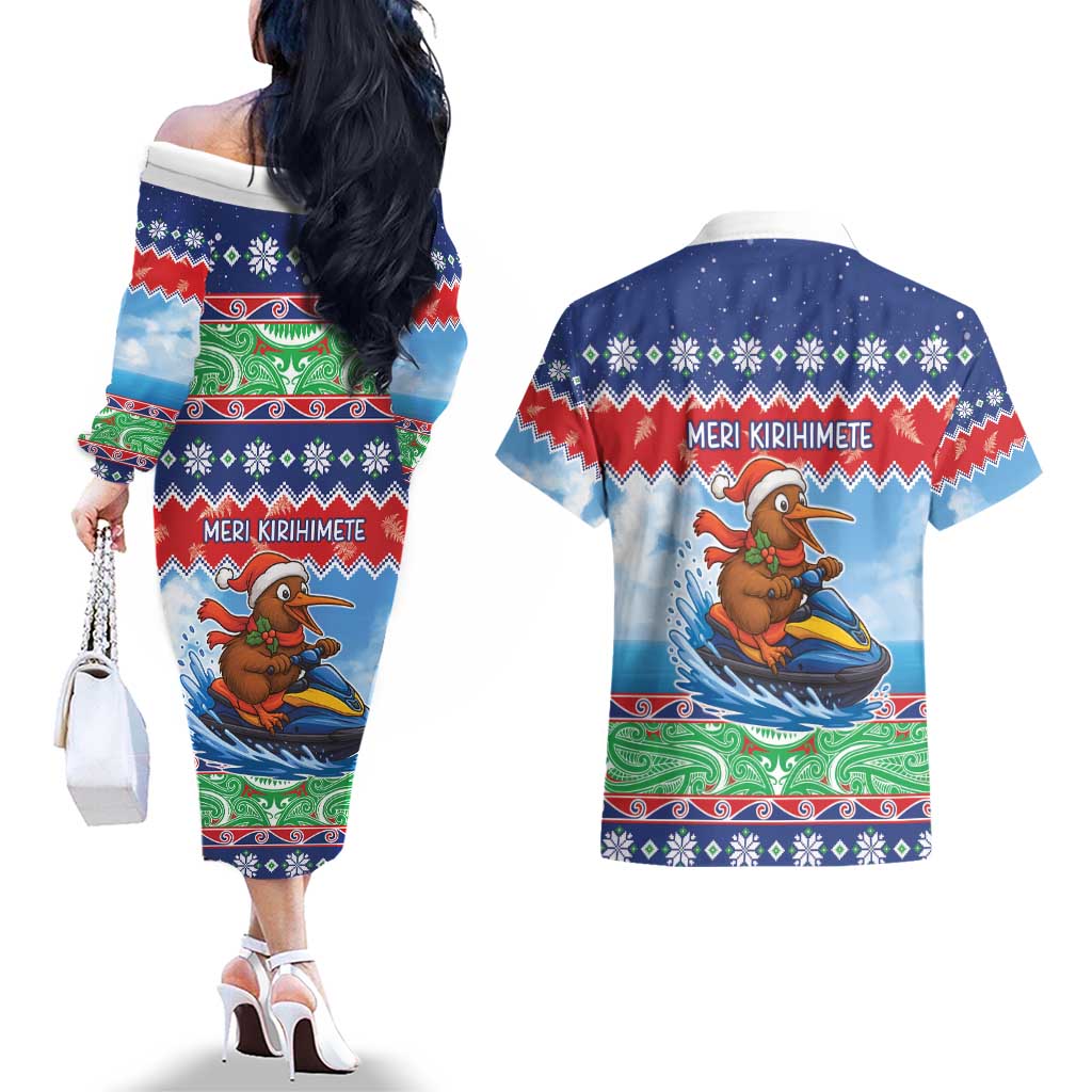 New Zealand Christmas Couples Matching Off The Shoulder Long Sleeve Dress and Hawaiian Shirt Funny Jet Ride Kiwi Xmas - Aussie Hoodie
