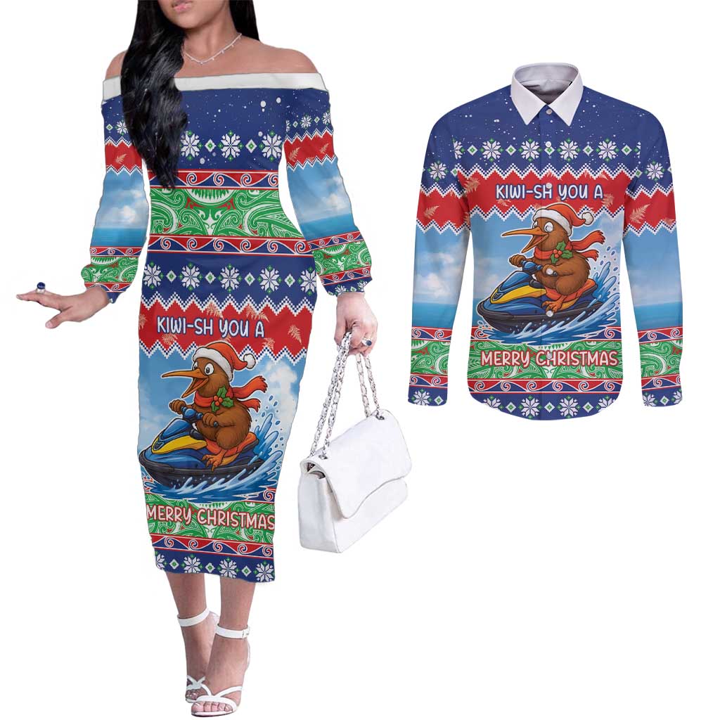 New Zealand Christmas Couples Matching Off The Shoulder Long Sleeve Dress and Long Sleeve Button Shirt Funny Jet Ride Kiwi Xmas - Aussie Hoodie