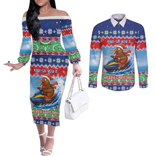 New Zealand Christmas Couples Matching Off The Shoulder Long Sleeve Dress and Long Sleeve Button Shirt Funny Jet Ride Kiwi Xmas - Aussie Hoodie