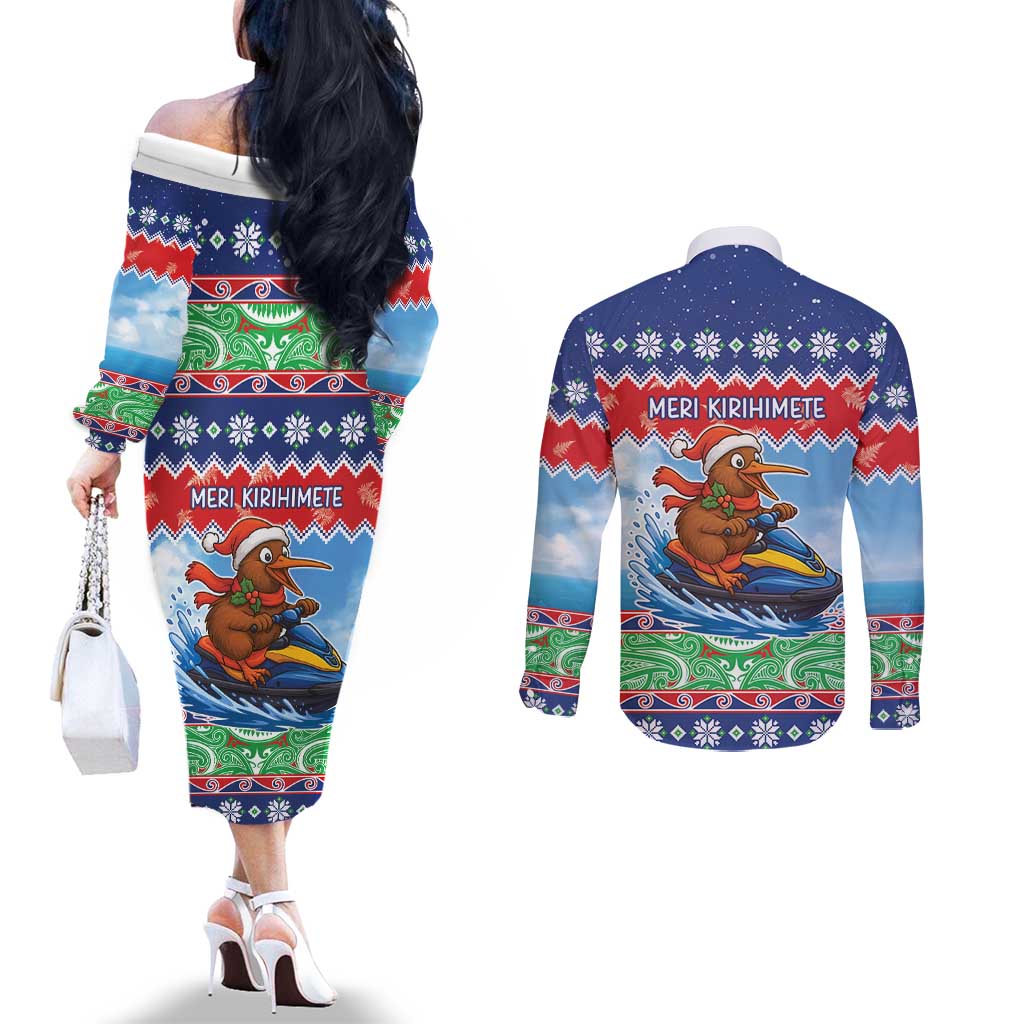 New Zealand Christmas Couples Matching Off The Shoulder Long Sleeve Dress and Long Sleeve Button Shirt Funny Jet Ride Kiwi Xmas - Aussie Hoodie