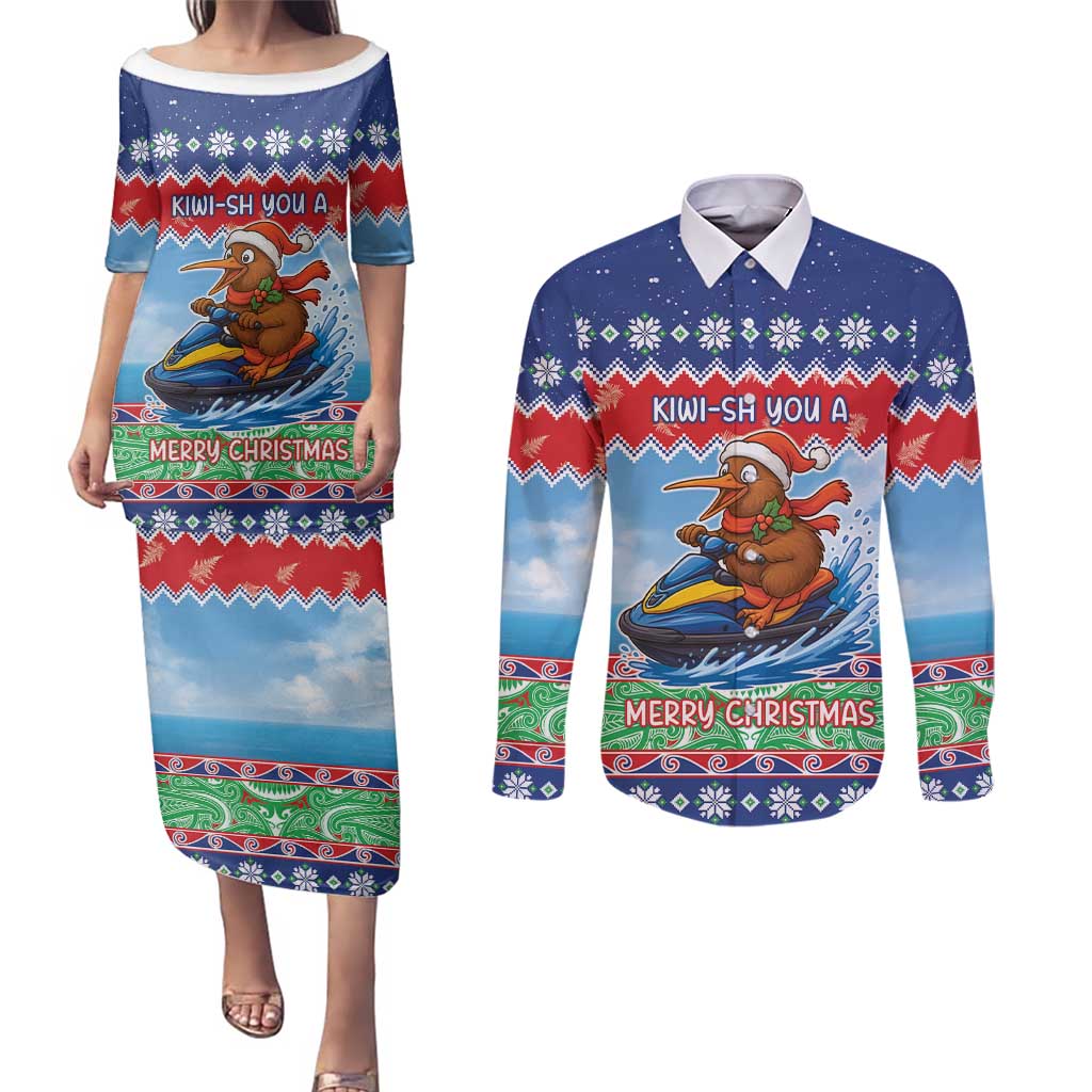 New Zealand Christmas Couples Matching Puletasi and Long Sleeve Button Shirt Funny Jet Ride Kiwi Xmas - Aussie Hoodie