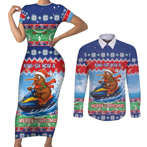 New Zealand Christmas Couples Matching Short Sleeve Bodycon Dress and Long Sleeve Button Shirt Funny Jet Ride Kiwi Xmas - Aussie Hoodie