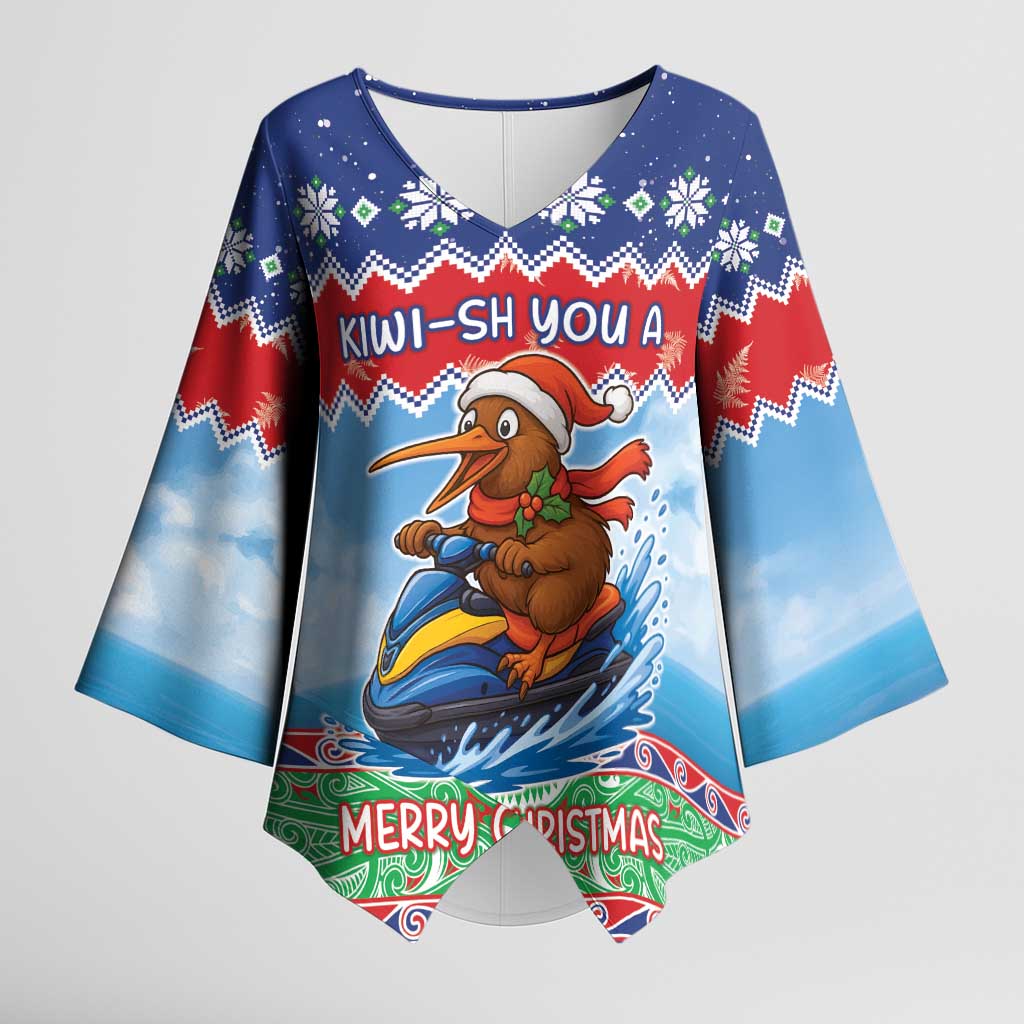 New Zealand Christmas Kimono Sleeve Blouse Funny Jet Ride Kiwi Xmas - Aussie Hoodie