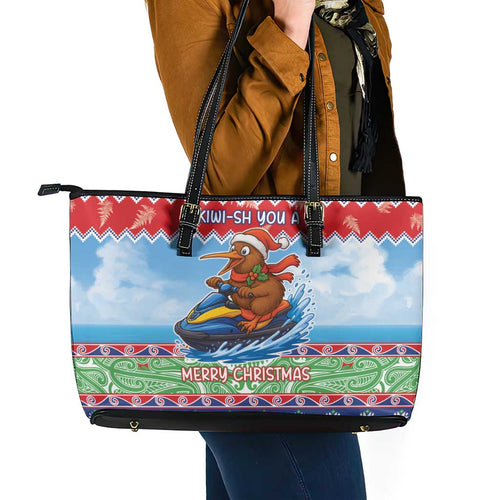 New Zealand Christmas Leather Tote Bag Funny Jet Ride Kiwi Xmas - Aussie Hoodie