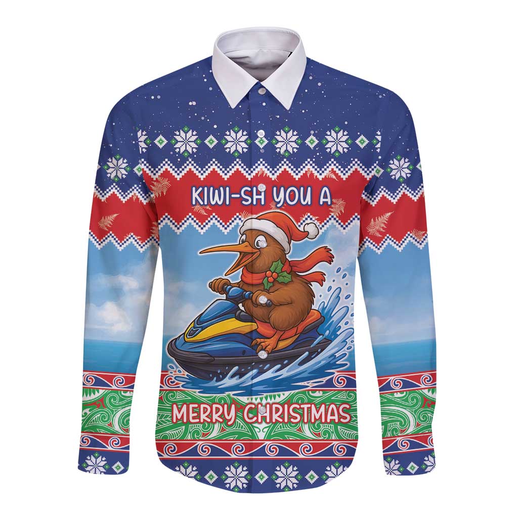 New Zealand Christmas Long Sleeve Button Shirt Funny Jet Ride Kiwi Xmas - Aussie Hoodie