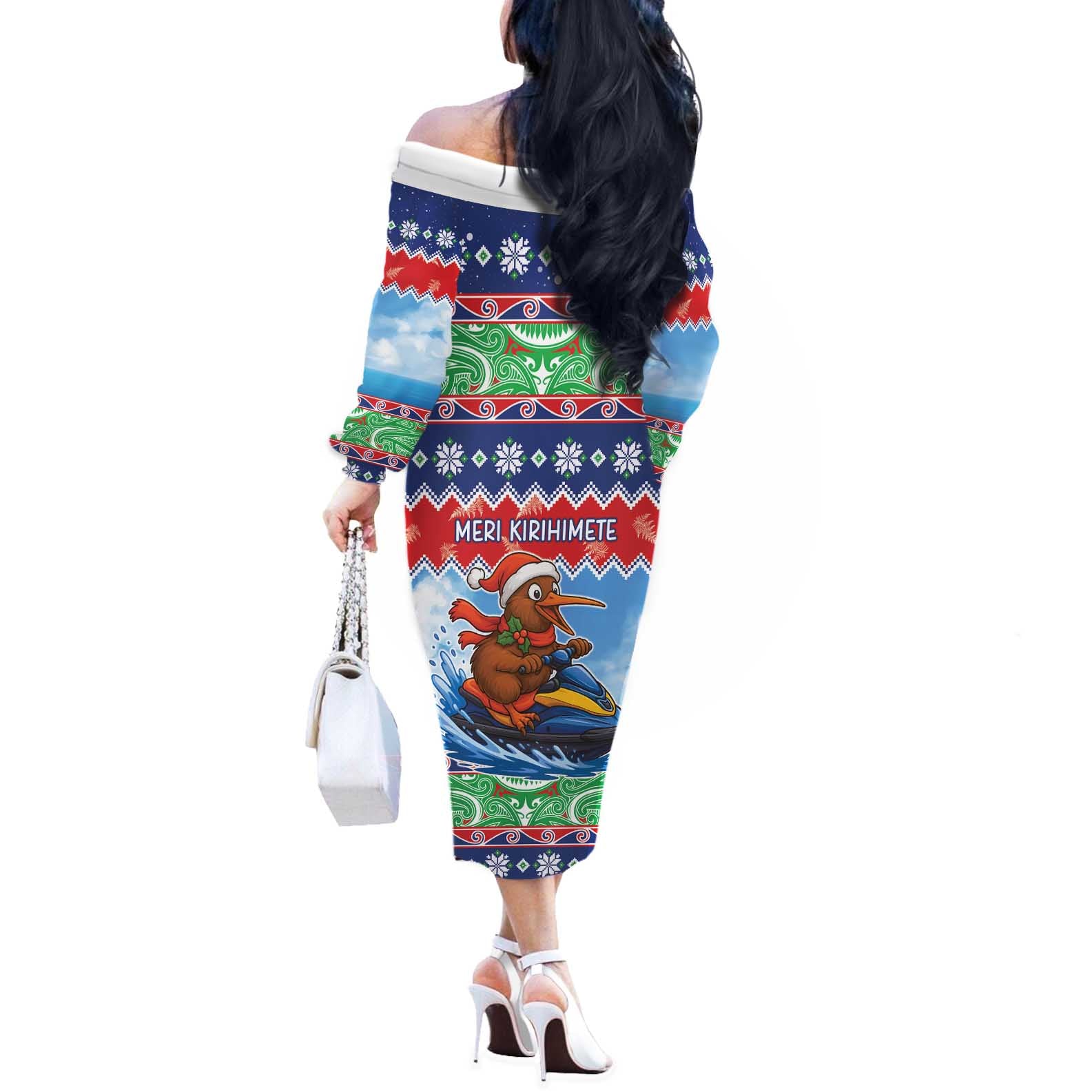 New Zealand Christmas Off The Shoulder Long Sleeve Dress Funny Jet Ride Kiwi Xmas - Aussie Hoodie