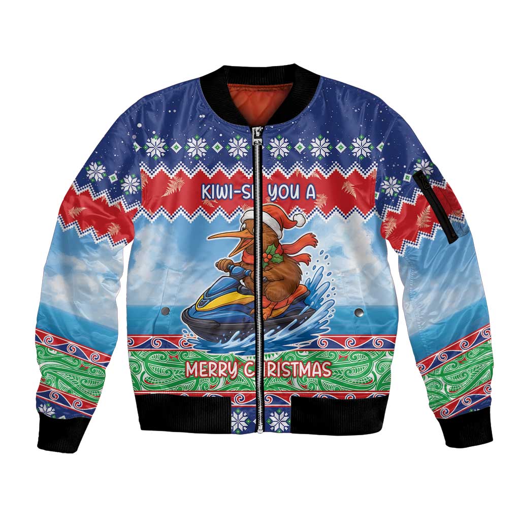 New Zealand Christmas Sleeve Zip Bomber Jacket Funny Jet Ride Kiwi Xmas - Aussie Hoodie