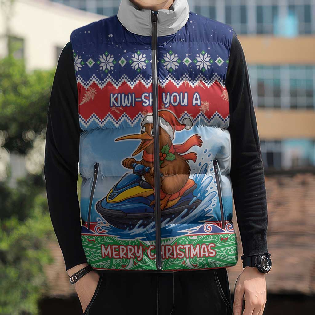 New Zealand Christmas Sleeveless Puffer Jacket Funny Jet Ride Kiwi Xmas - Aussie Hoodie