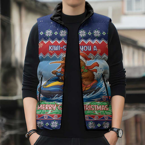 New Zealand Christmas Sleeveless Puffer Jacket Funny Jet Ride Kiwi Xmas - Aussie Hoodie