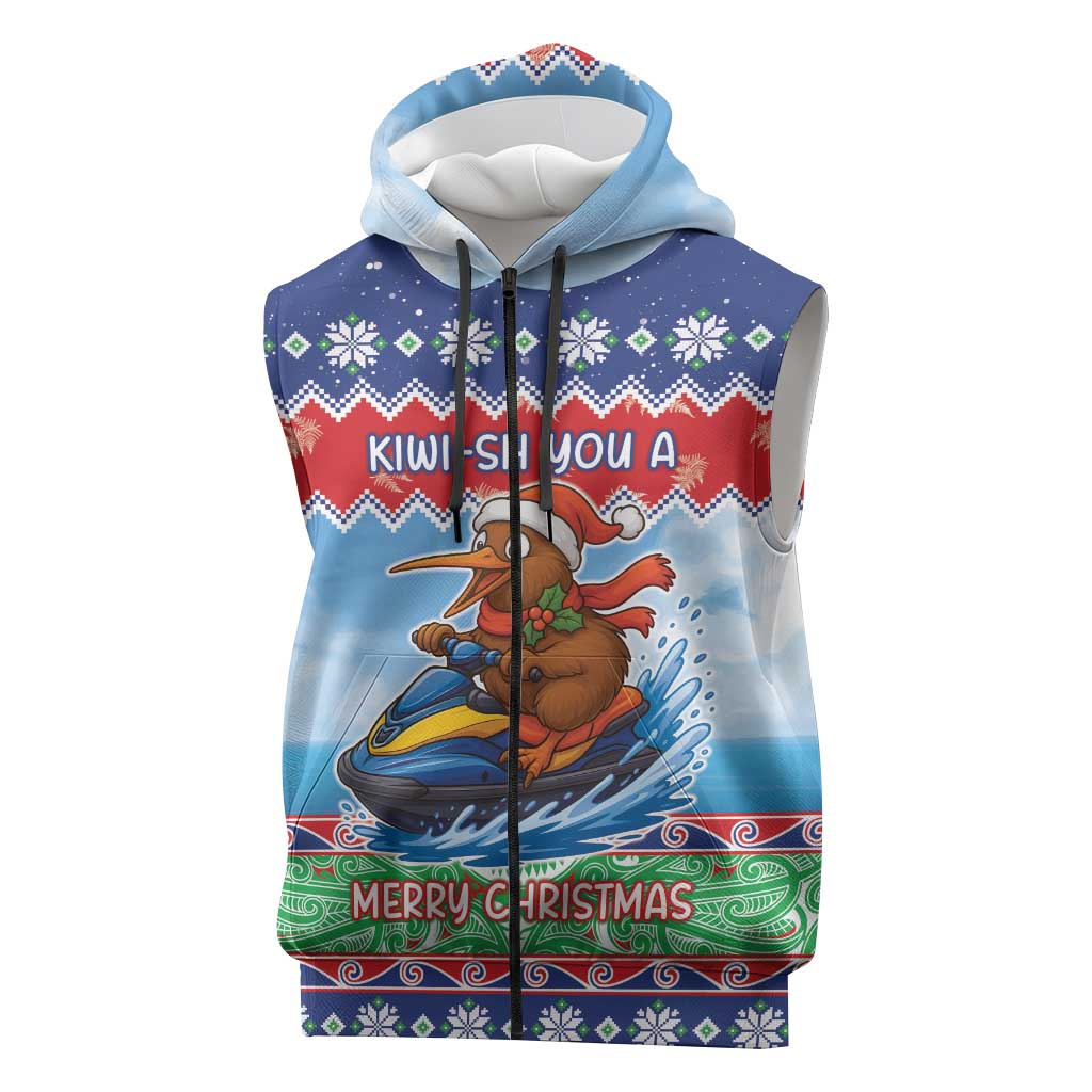 New Zealand Christmas Sleeveless Zip Hoodie Funny Jet Ride Kiwi Xmas LT05