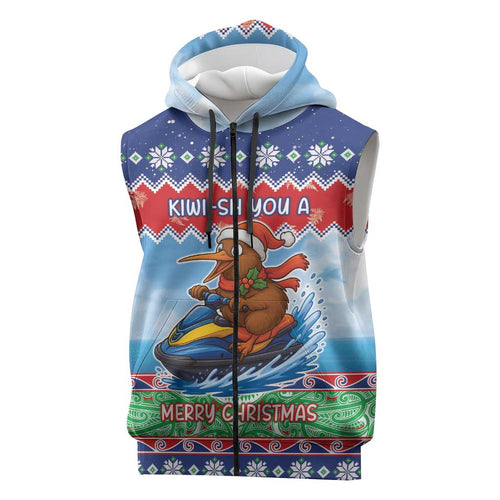 New Zealand Christmas Sleeveless Zip Hoodie Funny Jet Ride Kiwi Xmas LT05