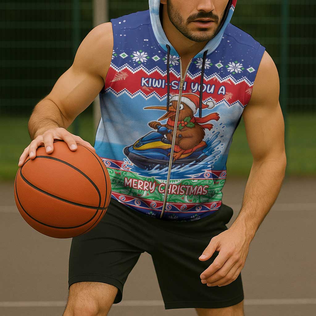 New Zealand Christmas Sleeveless Zip Hoodie Funny Jet Ride Kiwi Xmas - Aussie Hoodie