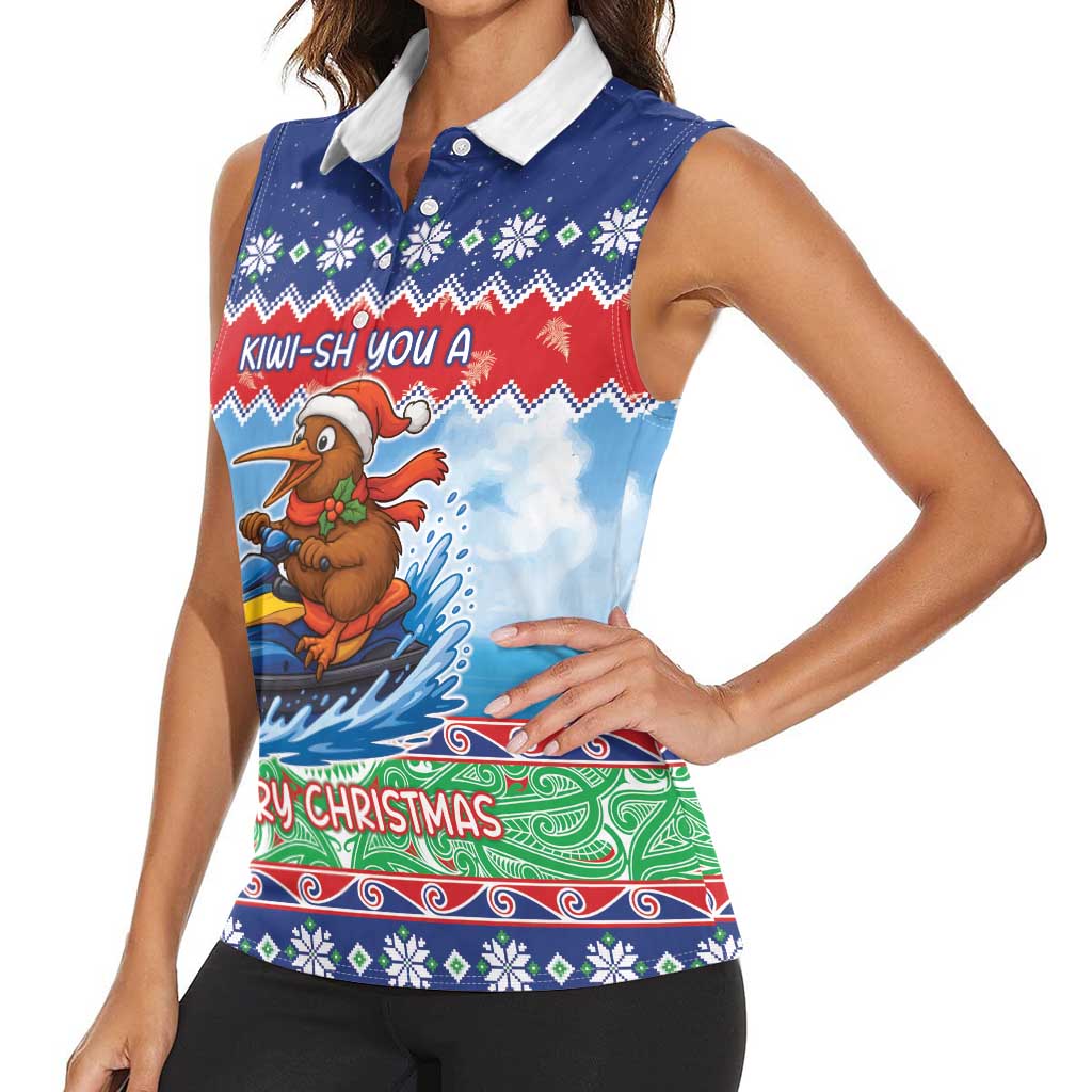 New Zealand Christmas Women Sleeveless Polo Shirt Funny Jet Ride Kiwi Xmas - Aussie Hoodie