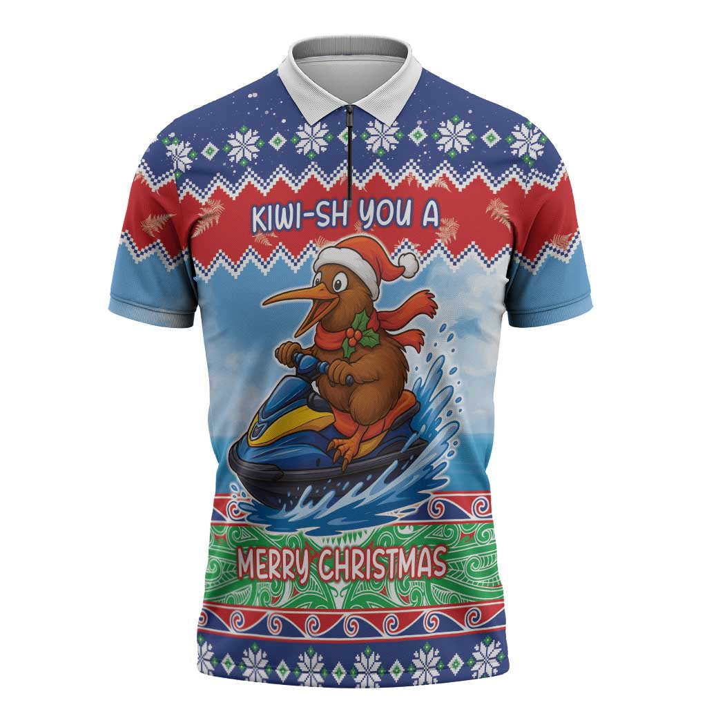 New Zealand Christmas Zipper Polo Shirt Funny Jet Ride Kiwi Xmas LT05