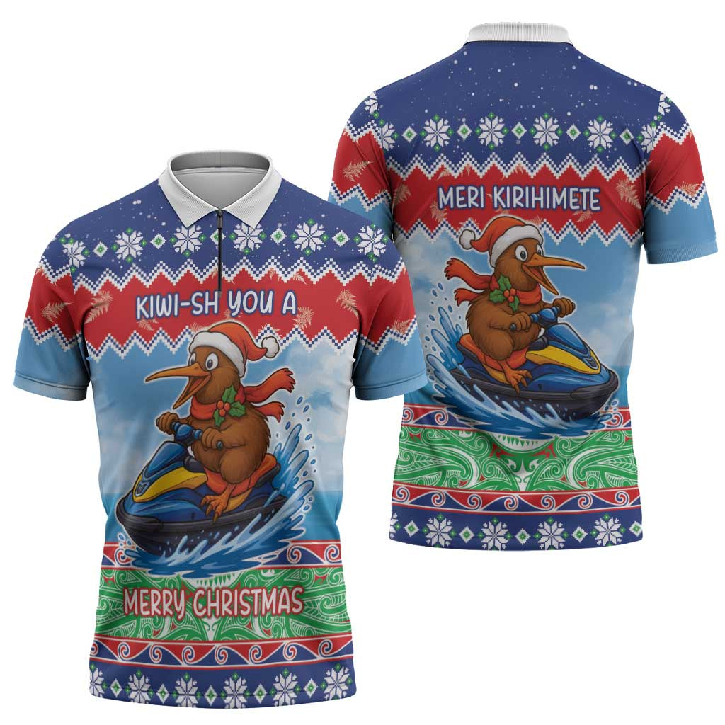 New Zealand Christmas Zipper Polo Shirt Funny Jet Ride Kiwi Xmas LT05
