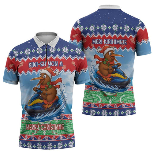 New Zealand Christmas Zipper Polo Shirt Funny Jet Ride Kiwi Xmas LT05