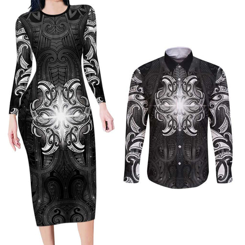 New Zealand Matariki Couples Matching Long Sleeve Bodycon Dress and Long Sleeve Button Shirt Maori Moko Black Galaxy