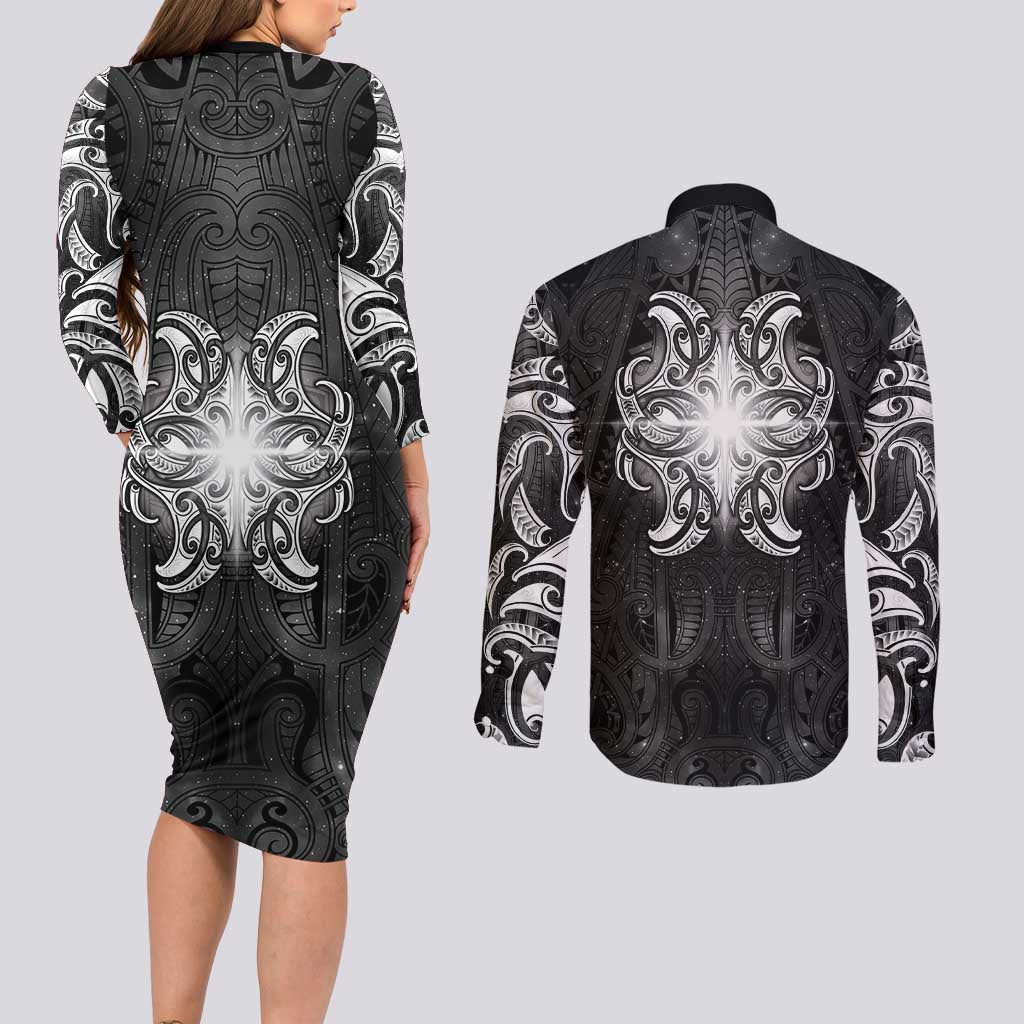 New Zealand Matariki Couples Matching Long Sleeve Bodycon Dress and Long Sleeve Button Shirt Maori Moko Black Galaxy